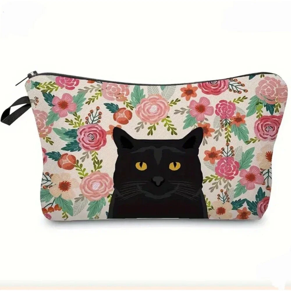Floral print and kitty cat zip‎ makeup bag